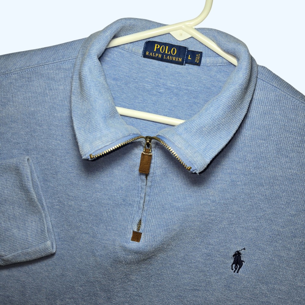 Polo Ralph Lauren Men Light Blue Cotton 1/4 Zip Pullover Sweater Large RN 41381
